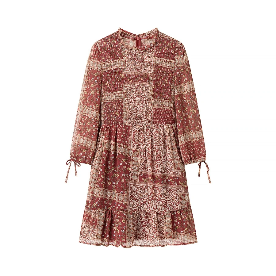 유행하는 플로럴 프린트 민소매 원피스, 리본 디자인, 하이웨이스트 폴리에스터 소재, 출퇴근 스타일 여름 원피스