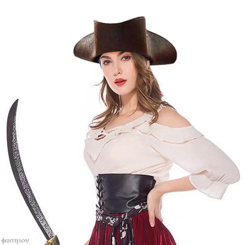 Halloween Faux Leather Pirate Costume Accessories Hats Cosplay Brown Distressed Pirate Tricorn Hat Masquerade Party Men Women