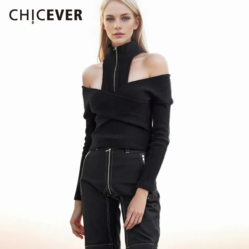 

CHICEVER Slimming Patchwork Zipper Sweater For Women Turtleneck Long Sleeve Off Shoulder Solid Temperament Sweaters Female New