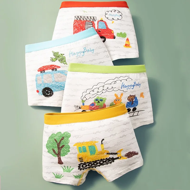 

4-Piece Cotton Boys Boxer Briefs Comfortable Feeling Children Underwear Boxers Non-fading Cartoon Cars Pattern Kids Boxer Shorts