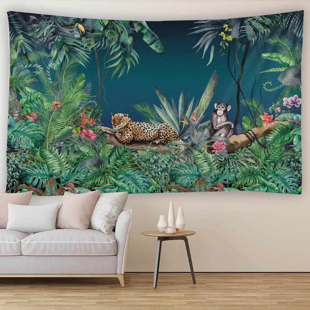 

Tropical rainforest tapestry soft background fabric, animal and plant multi size wall hanging living room and bedroom decoration