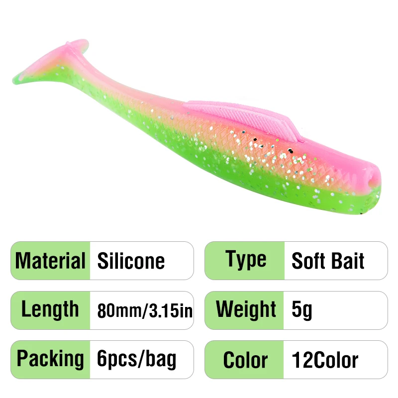 6 Stück/Beutel Weicher Angelköder 8cm/5g Plastik-Swimbait Schwanz-Weichköder Silikon-Angelköder Künstlicher Köder für Forelle und Barsch – Detail 3