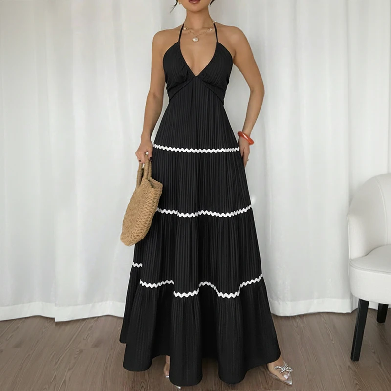 

Women's Black Pleated Maxi Dress Halter V Neck White Stripe Trim Layered Skirt Flowy For Summer Beach Vacation Party Casual Wear