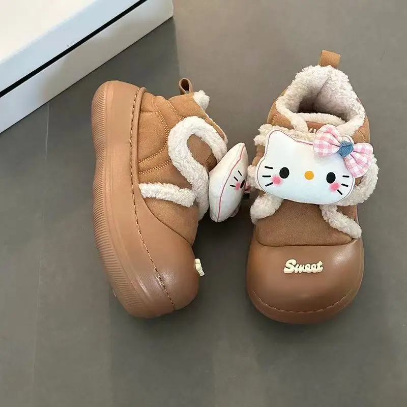 

2025 winter new grils hello kitty bow Women's low-top Student Couple real pictures beige black khaki Flats warm cotton shoes