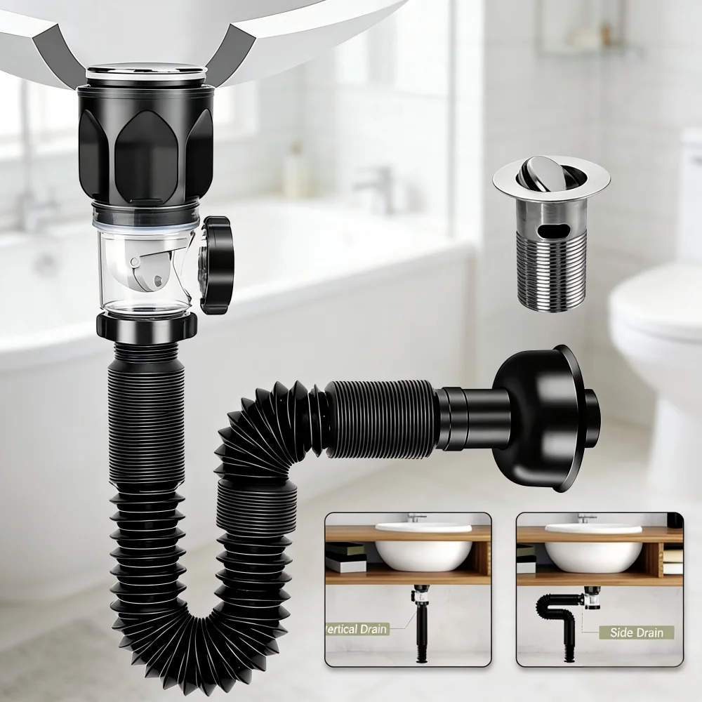 

Universal Flip Stainless Steel Drain Pipe Anti-Odor Sink Drain Tube for Kitchen Bathroom Wall Mounted Plumbing Accessory