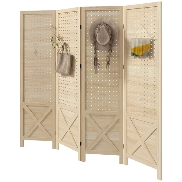 

4.7' 4 Panel Wooden Room Divider with Pegboard Display, Folding Privacy Screen for Home Office, Natural