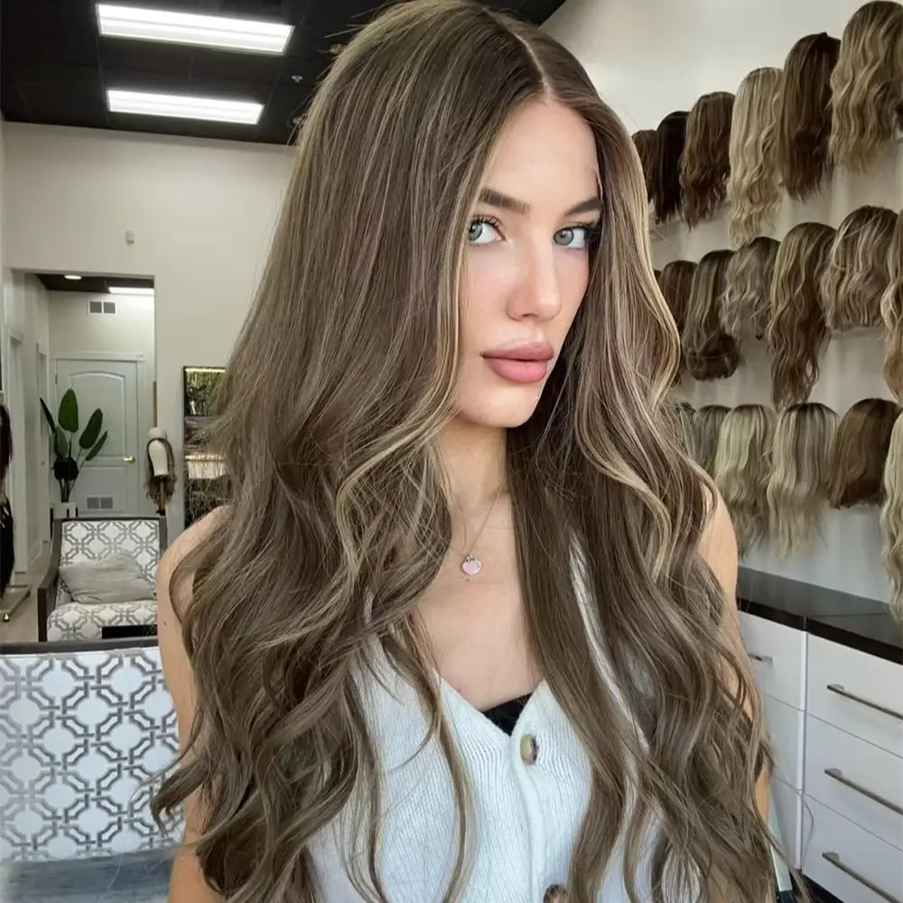 Ombre Brown with Blonde Streaks Synthetic HD Lace Front Wig Long Wave Wig Mixed Human Hair Glueless Preplucked Hairline 30 Inch