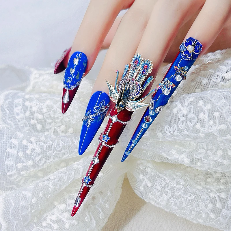 

20Piece（4long+10short）Palace Style Press On Nails, Blue Red Phoenix Floral Decor, Rhinestone Pearl Embellishments, Long Stiletto