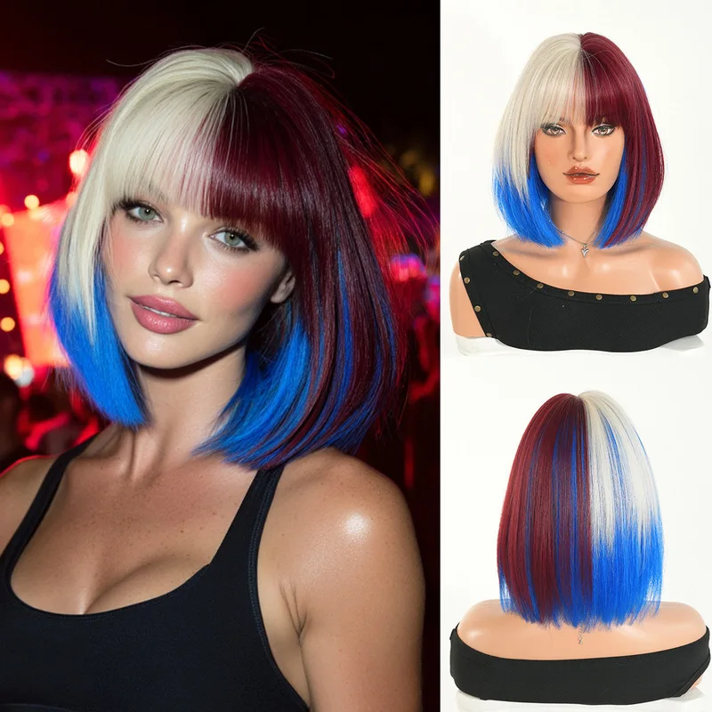 European style red, blue white ombre bob short straight wig with bangs featuring an American and French flag