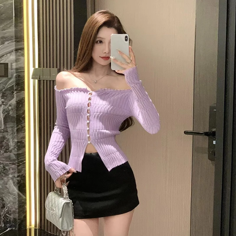 Women's Fashion Pearl Buttons Off-shoulder Long Sleeve Slim Knitted Sweater