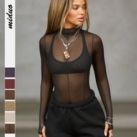 2025 Fall New Fashion Women's Tops T-Shirt Sheer Mesh Long-Sleeve Slim-Fit Half-High Neck Top Y2k Woman Clothing