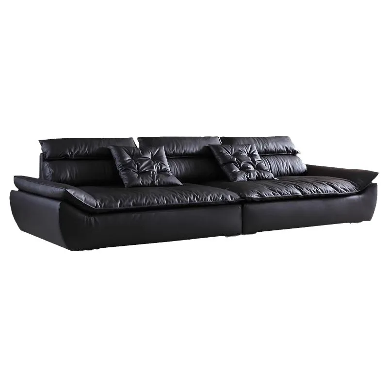 

Sailing sofa leather super wide sitting deep living room first layer cowhide modern minimalist modern retro black sofa