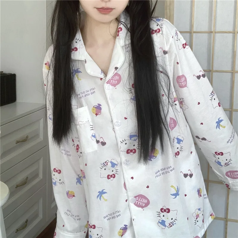 Kawaii 2Pcs Kuromi Thin Pajamas Long-Sleeved Tops Cardigan Trousers Hello Kitty Girl Sweet Cartoon Pants Casual Home Wear Set