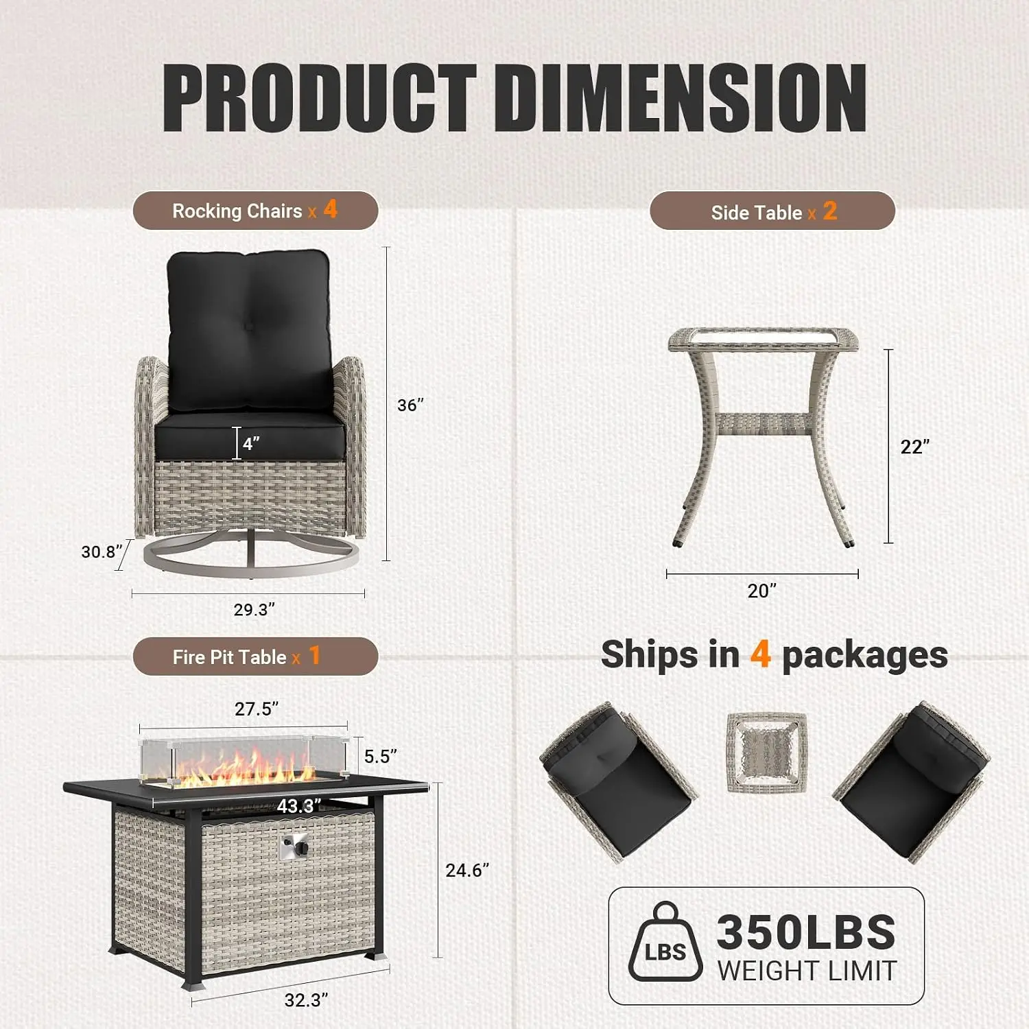 7Pcs Outdoor Wicker Rocker Bistro Set with 55,000 BTU Fire Pit Table & Side Table for Garden Balcony Patio, Dark Grey, Custom