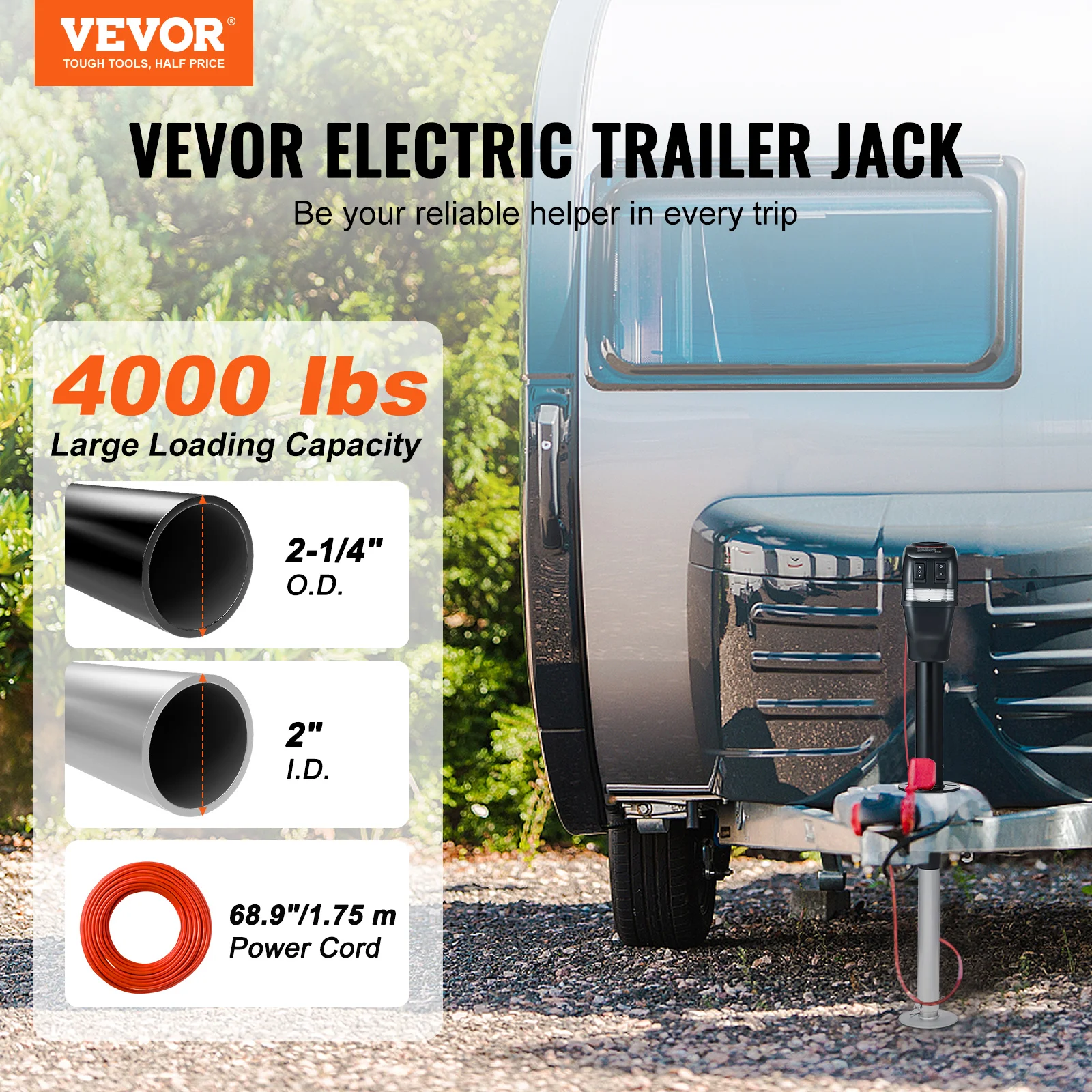 VEVOR Power Tongue Jack Weight Capacity 4000 lbs Electric Jack with Waterproof Cover for Lifting RV Utility Yacht Trailer