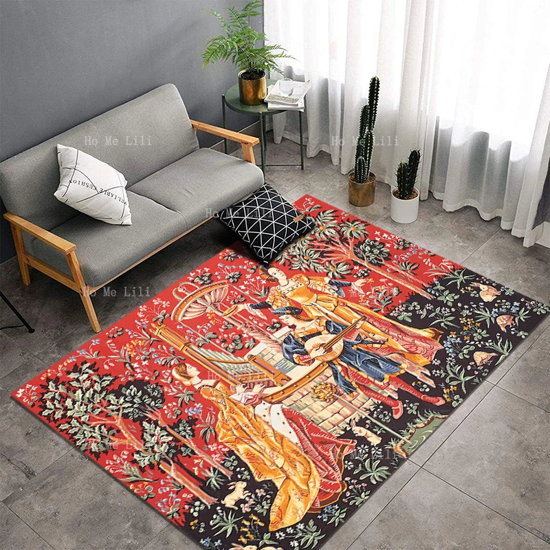 Medieval Concert At The Fountain Lady And Unicorn Thousand Flowers Mystery Beauty Of Western Art Flannel Floor Rug By Ho Me Lili