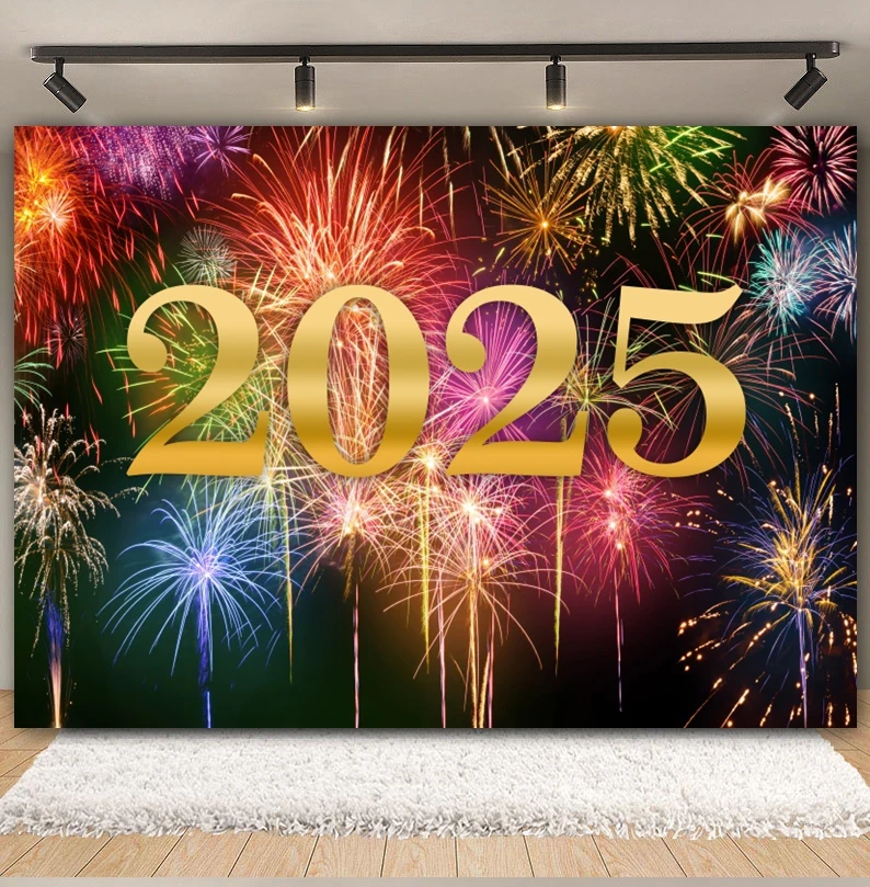 2025 Happy New Year Fireworks Photography Backdrop New Year Eve Clocks Champagne Home Party Decor Background Photo Studio Props