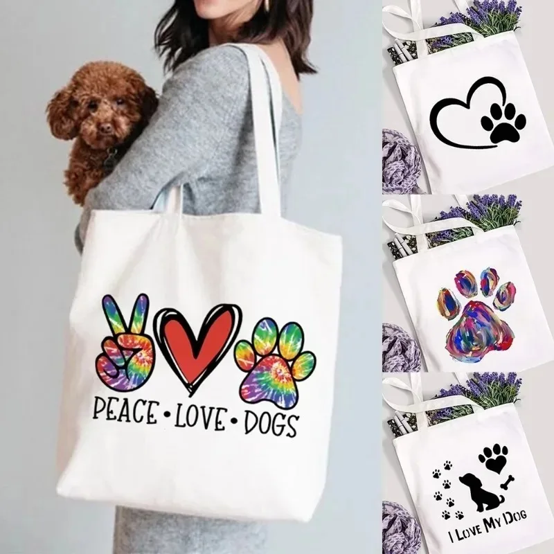 

Simple Dog Paw Printing Shoulder Bag Peace Love Ladies Large Capacity Shopping Bag Canvas Portable Tote Bag Student Schoolbag
