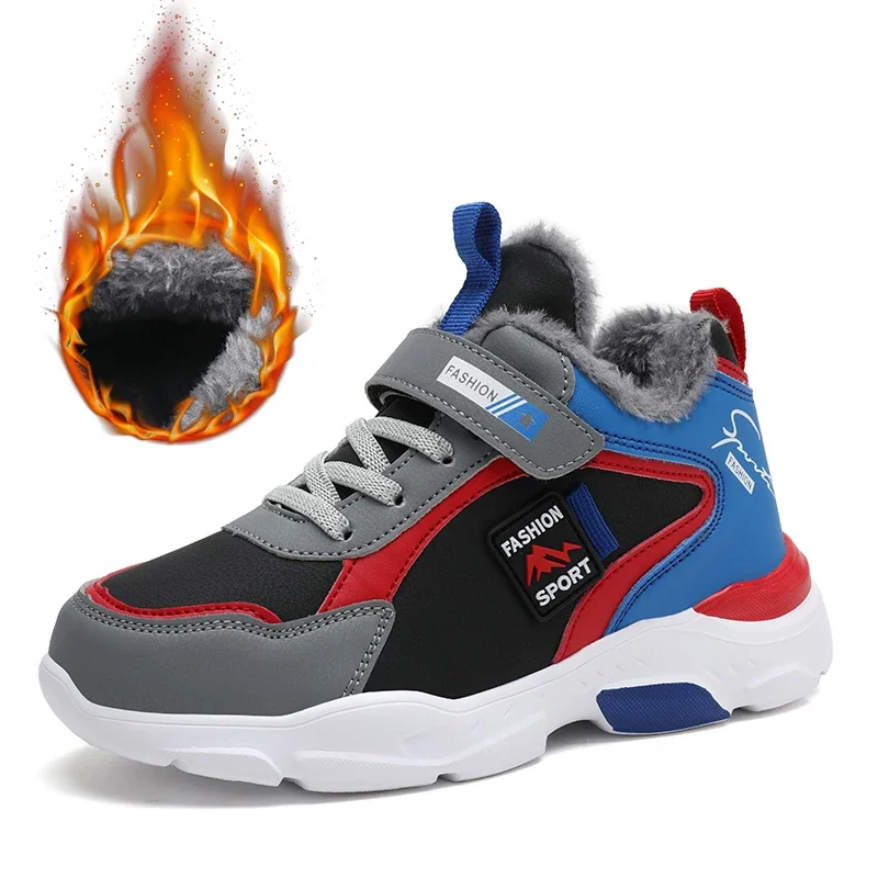 Winter Kids Sneakers Warm Fur Shoes Running Children's Boy Non-Slip Plus Furry Waterproof Leather Girl Casual Trekking Shoes