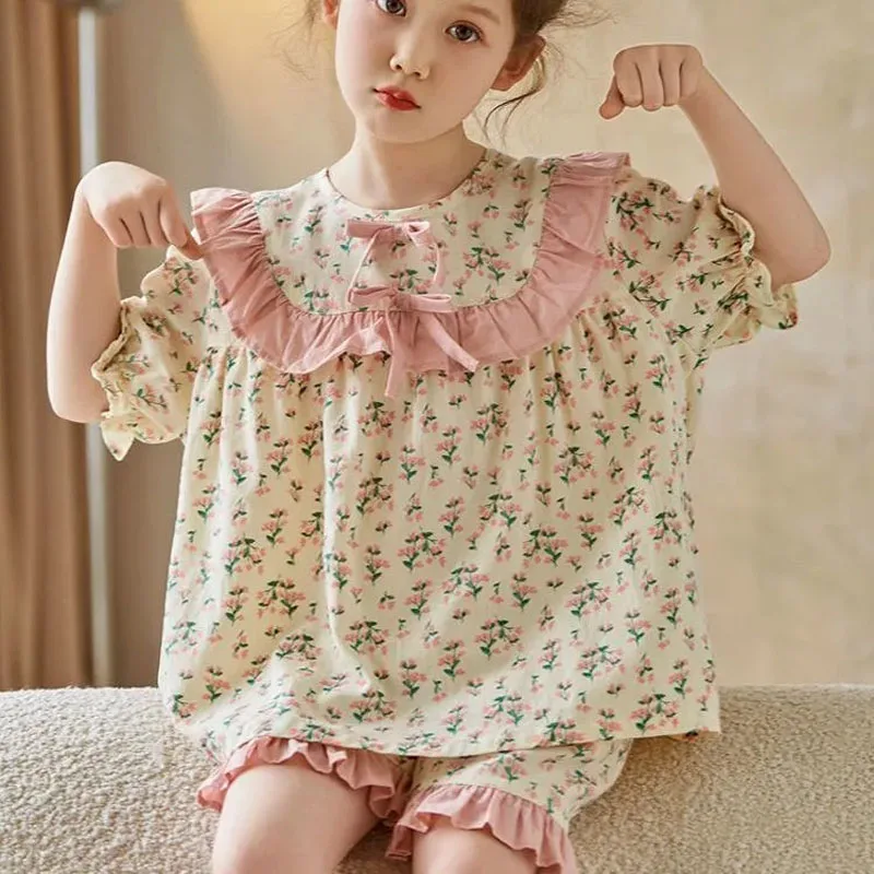 Small Floral Pattern Pajama Set Princess Style Summer Thin Girls\' Pajamas Short Pants Children\'s Home Clothes Two Piece Set