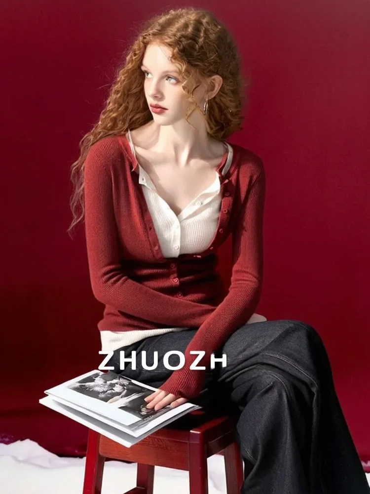 

Новая зимняя повседневная женская футболка ZhuoZhi с контрастными вставками и воротником хенли, дышащая, комфортная, во французском стиле, с длинным рукавом