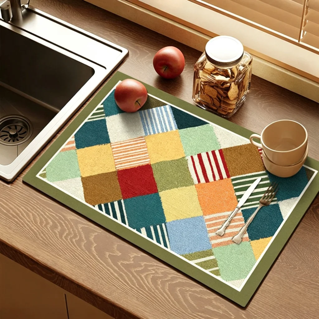VIKAMA Kitchen Drain Mat Geometric Patchwork Stripe Kitchen Counter Mat Highly Absorbent Fast Drying Anti Skid Flexible Portable