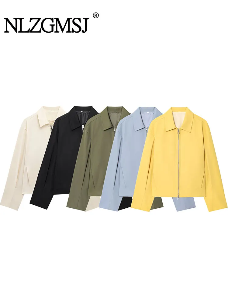 NLZGMSJ Women's Casual Chic Bomber Jackets Solid Turn-down Collar Zipper Coats Fashion Autumn BasicOutwears