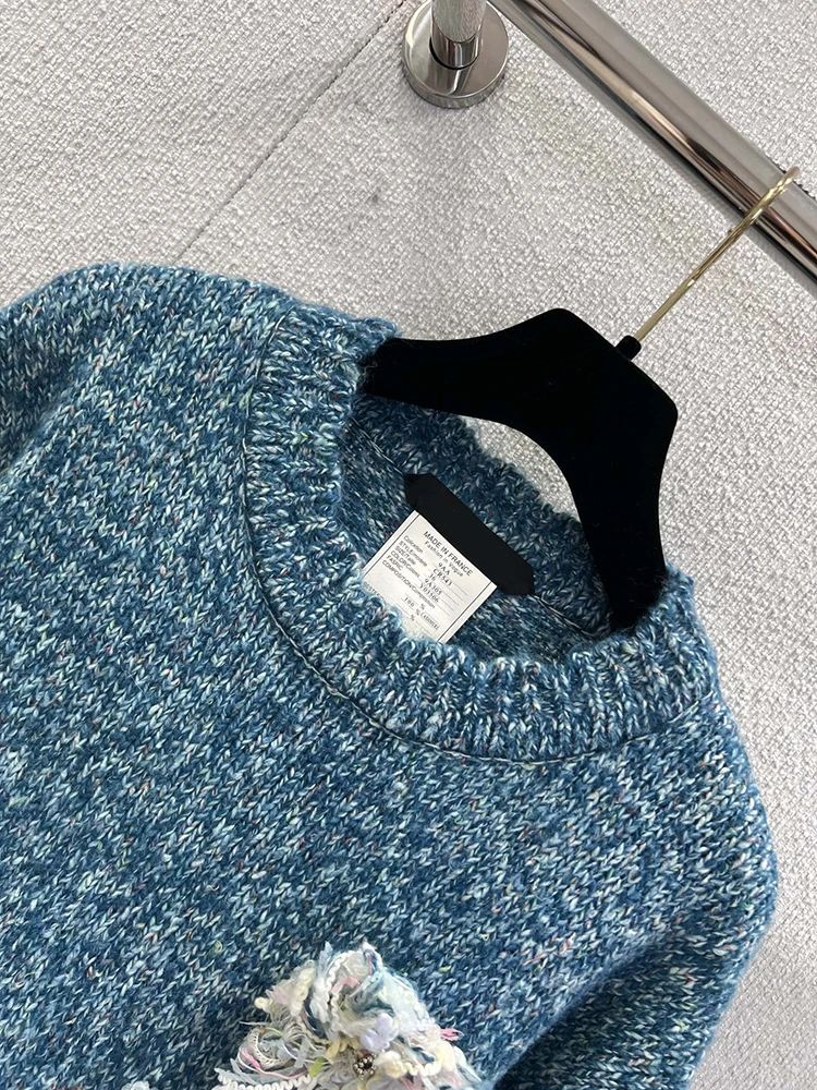 SVORYXIU Lente en herfst modieuze blauwe casual trui dames losse retro trui met bloemenpatroon