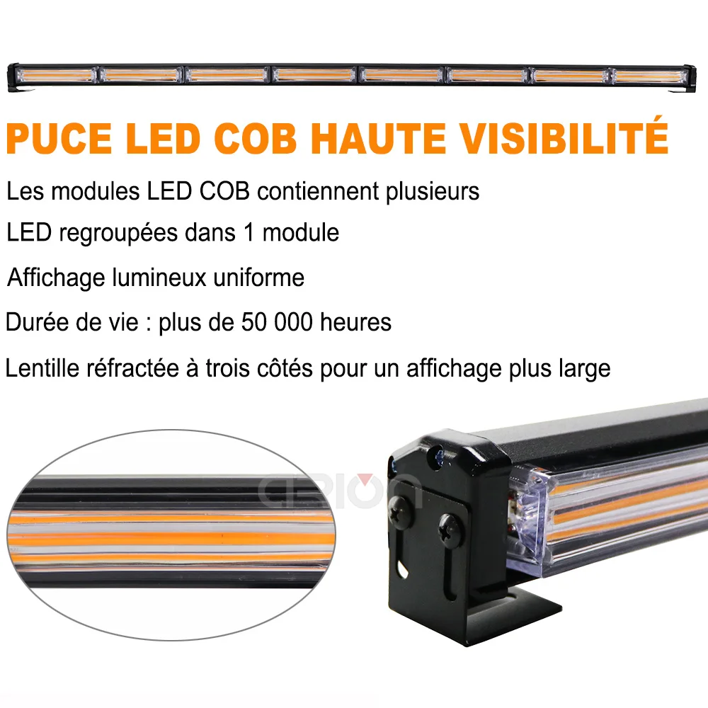 Barre lumineuse stroboscopique à LED COB de 13 à 58 pouces, lumières d\'urgence à l\'iode jaunes, rouges, bleues, ambre, pour voiture de police,