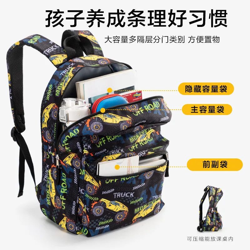 Boys Backpack 3 Piece Set Primary School Student School Bag Insulated Lunch Bag and Pencil Case Car Print