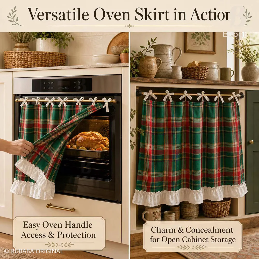 Christmas Vintage Dust Curtain Kitchen Short Curtain Cabinet Microwave Dust Cover Bow Tie Ruffled Hem Decorative Dust Curtain
