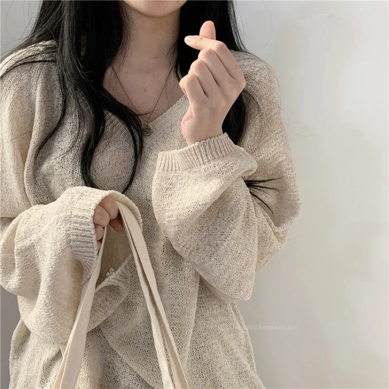 Women V-neck Thin Knitwear Pullover Hoodie  South Korean Chic Summer Lazy Wind Loose Tops Simple Solid Color Sweet Female