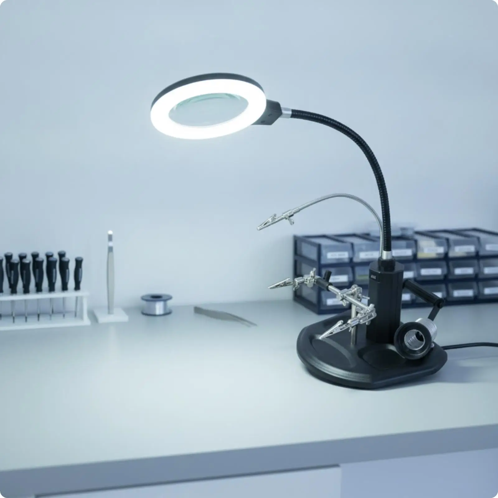 LED Magnifier Stand Adjustable Arm Helping Hands Soldering Station Weighted Base