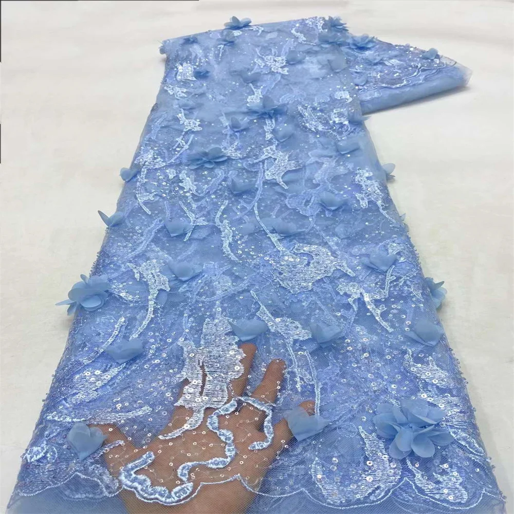 2024 africano 3D fiore tessuto di pizzo francese paillettes perline nigeriano cucito ricamo Tulle nigeriano tessuto di pizzo da sposa per abiti