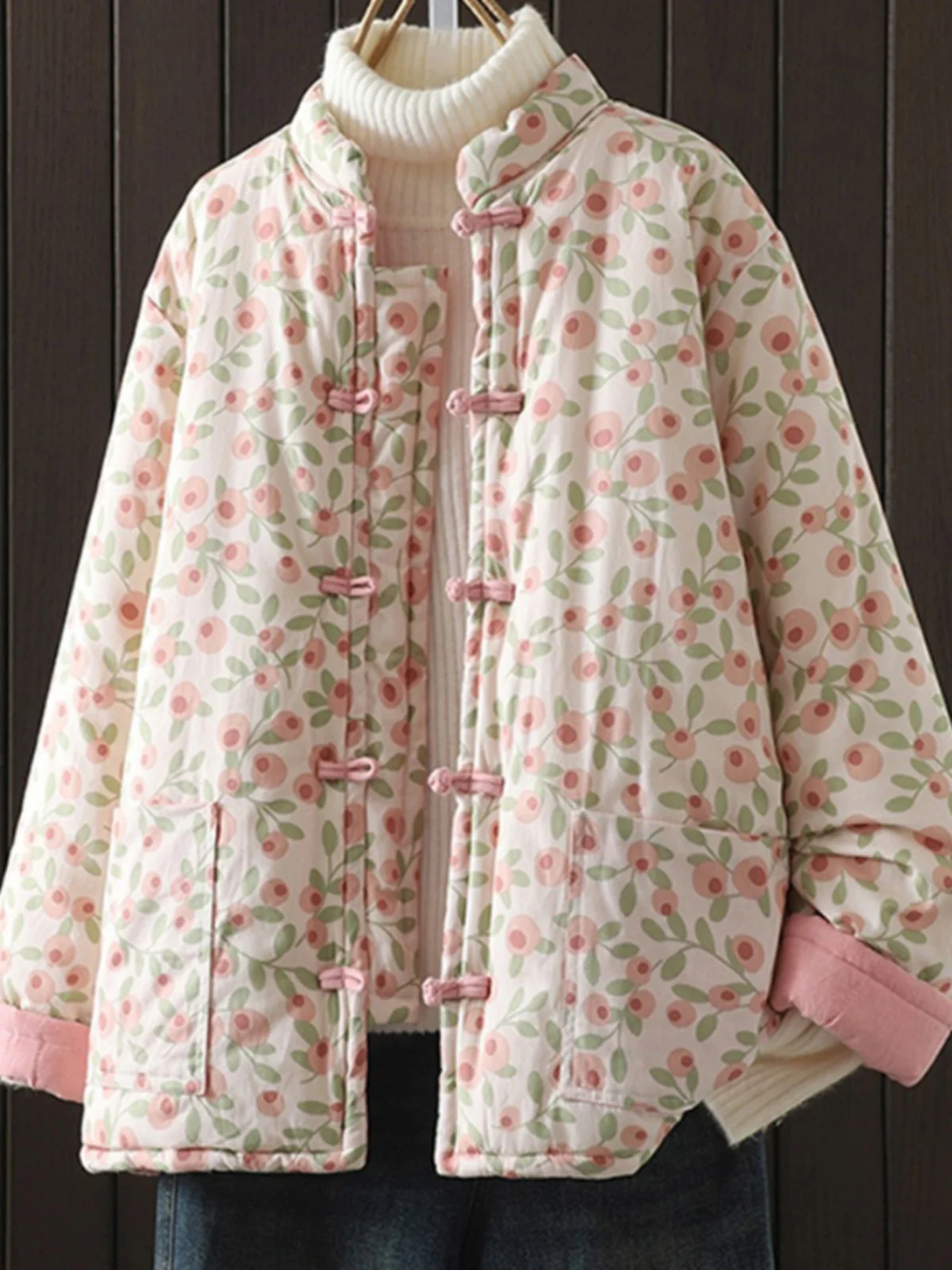 

New Chinese Sle Floral Print down Cotton Jaet Women's Winter Vintage National Sle Button Stand Collar Warm Cotton Coat