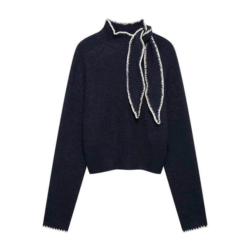 

Women's Fashion Solid Color Bow Embellished Knit Sweater 2024 Autumn and Winter New Vintage High Street Sweater w1122
