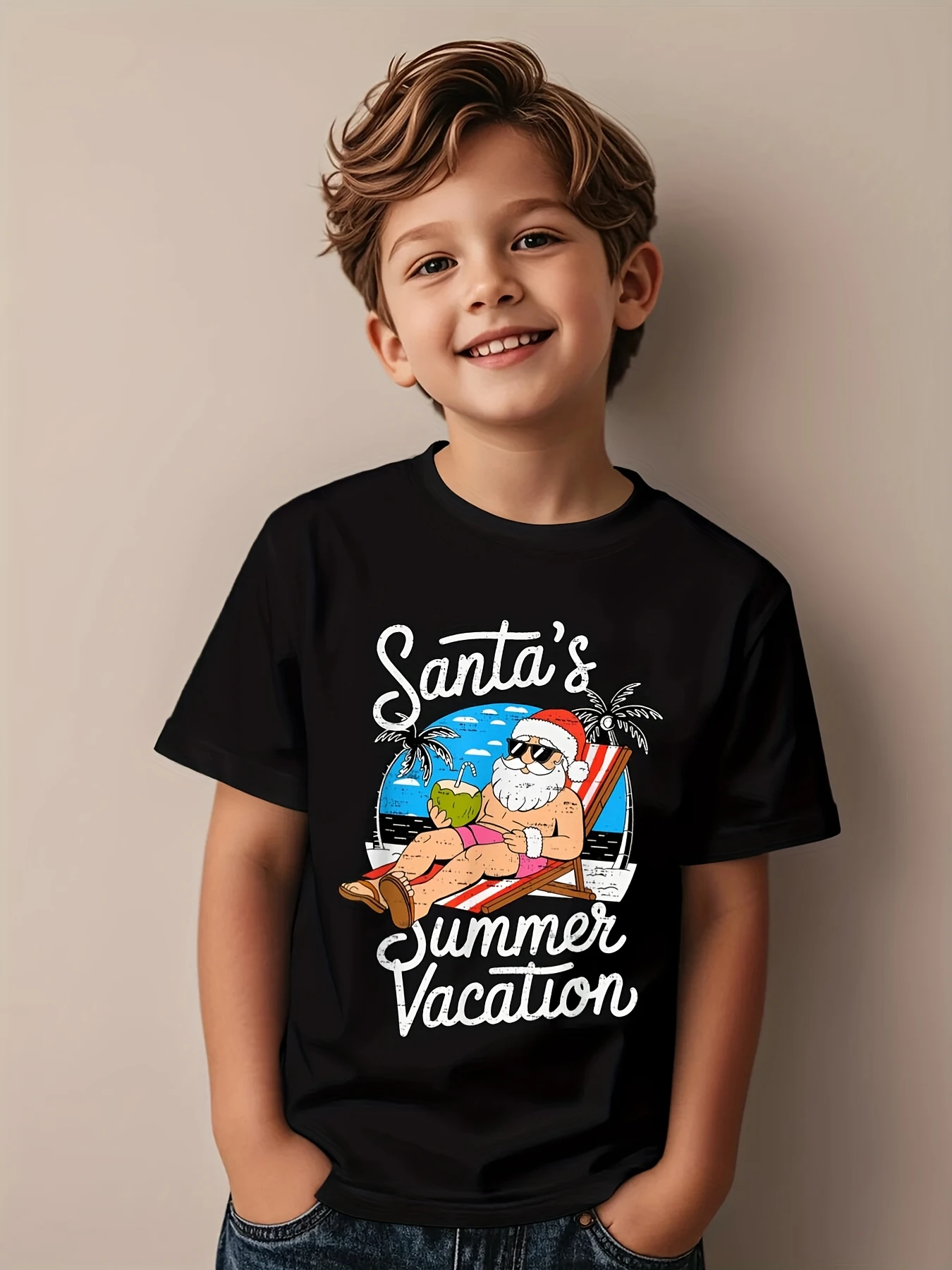 

Забавная детская футболка с рождественским принтом Санта-Клауса, детская футболка с круглым вырезом, пляжная футболка для серфинга для мальчиков и девочек, летняя футболка с коротким рукавом