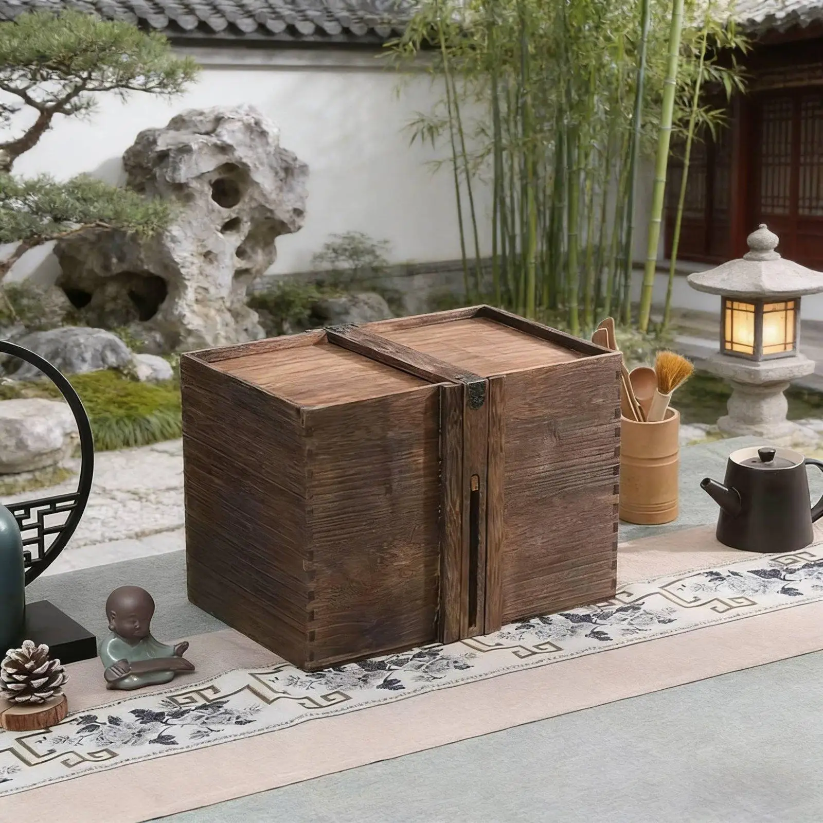 Rustic Wooden Gift Box for Mooncake Packaging with Portable Handle and Sturdy Solid Wood Construction