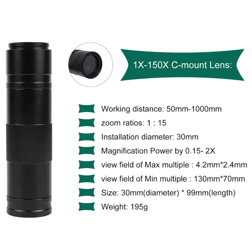 YIZHAN Vergrößerung, einstellbares 150-faches Fokus-C-Mount-Objektiv mit 0,5 x 2 x 0,3 x Objektiv für industrielle digitale Mikroskopkamera – Detail 1