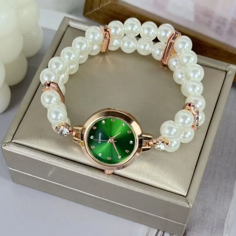 ساعات كوارتز نسائية أنيقة بسوار من اللؤلؤ وسوار حبل مرن وساعات يد فاخرة صغيرة الحجم هدية #3