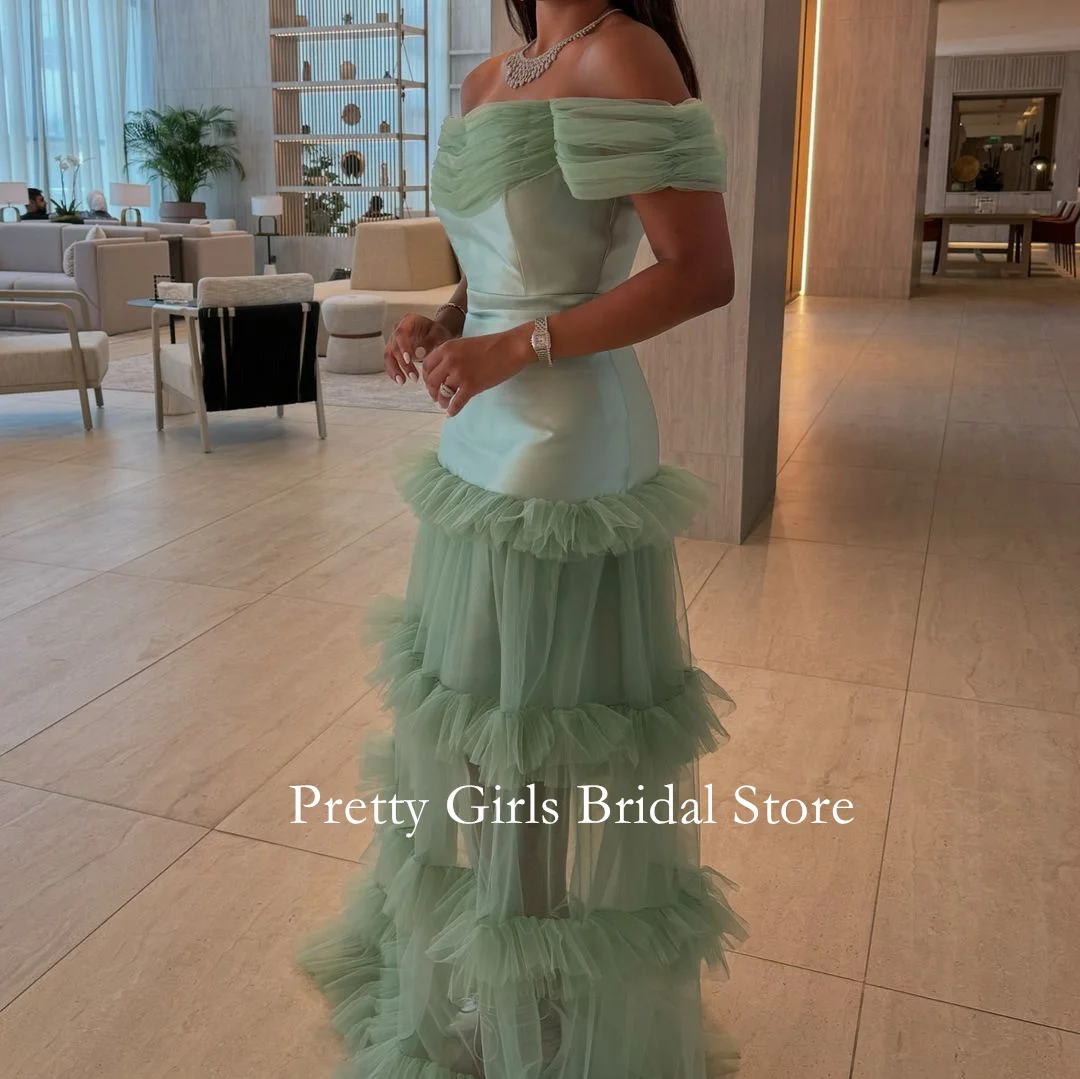 OEING Arabic Style Vintage Tulle Off-Shoulder Tulle Evening Dresses Green Pleated Formal Prom Growns Party Women Bride