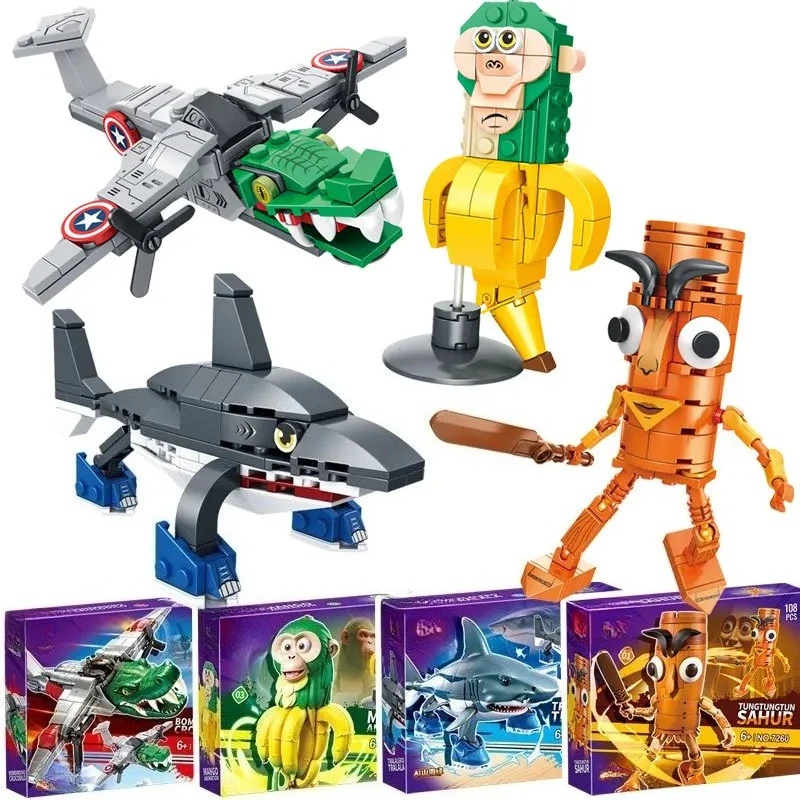 Jouet robot bloc de construction : modèles de figurines d'action Matchstick & Shark |   Jouet d'assemblage pour garçons, cadeau d'anniversaire en bloc de construction