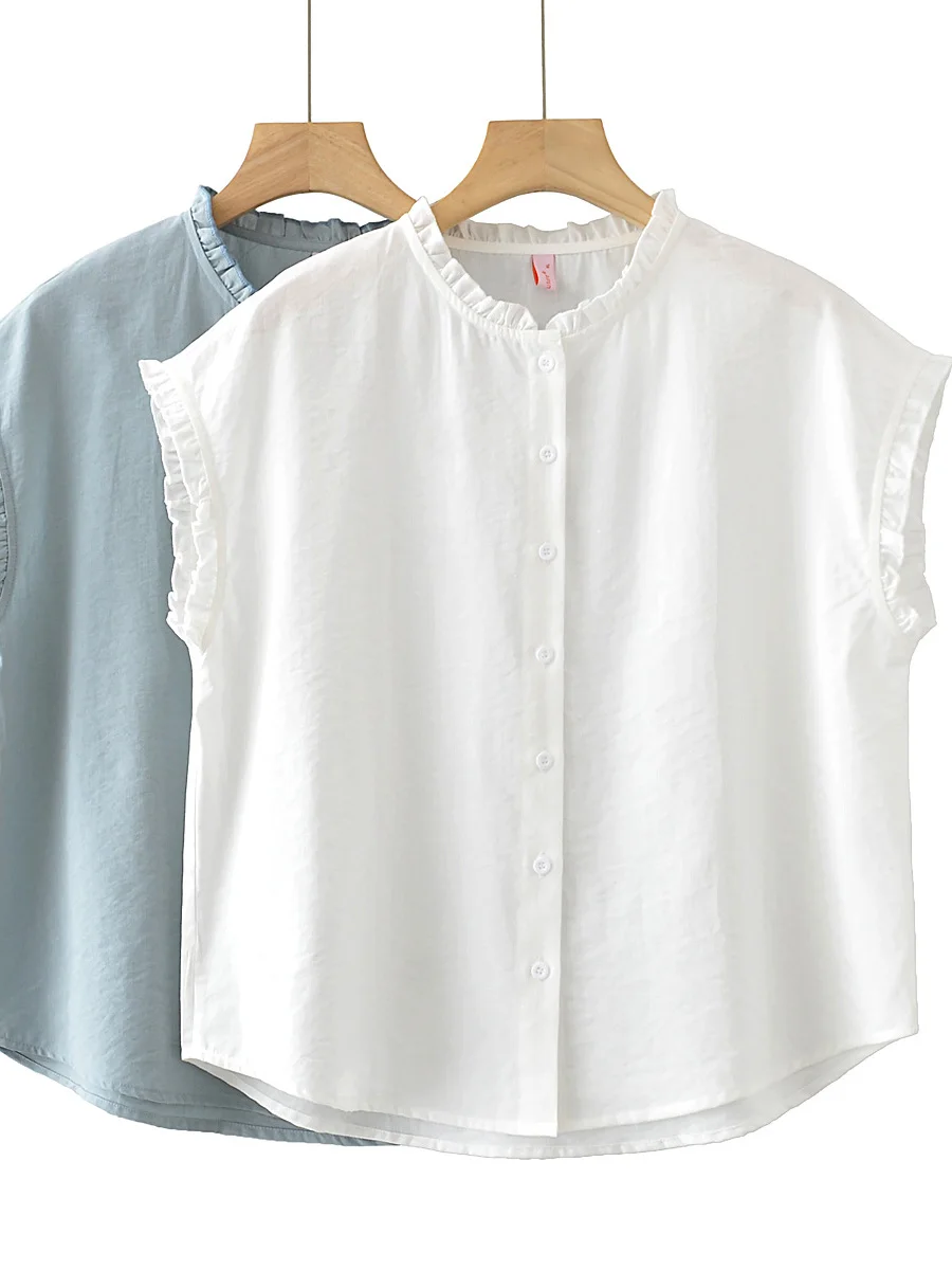Summer Loose Sleeveless Shirt Women's Casual Style Polyester Fiber round Neck Single Button Closure Bellovi Wood Grain  C...