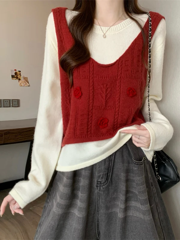 

Красный женский вязаный топ с V-образным вырезом и перекрученными бретелями, облегающий, для зимнего многослойного ношения, теплый, модный