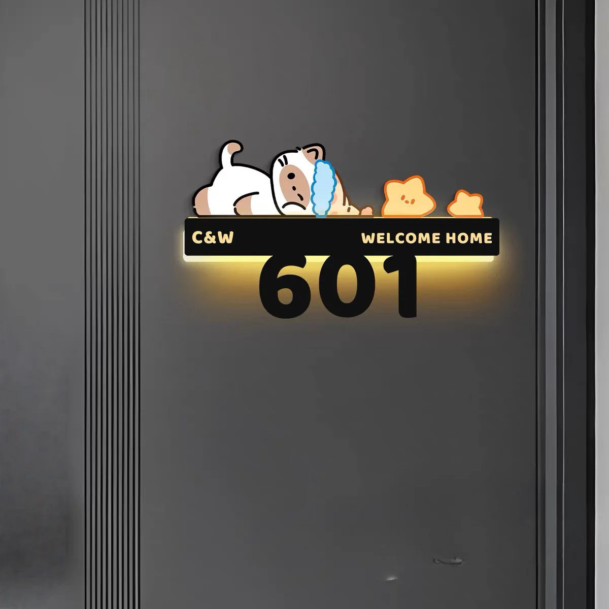 Personalized House Number Plaque Custom Name Address Sign with Pet Cartoon Design LED Night Light Door Wall Decor