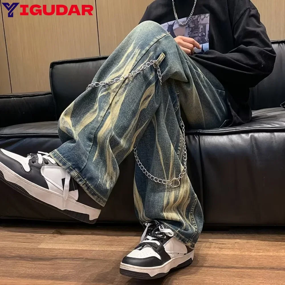 

Потертые джинсы Повседневные джинсы с принтом тай-дай High Street Прямые широкие брюки Мужская уличная одежда Хип-хоп Джинсовые брюки с эластичной резинкой на талии y2k streetwear