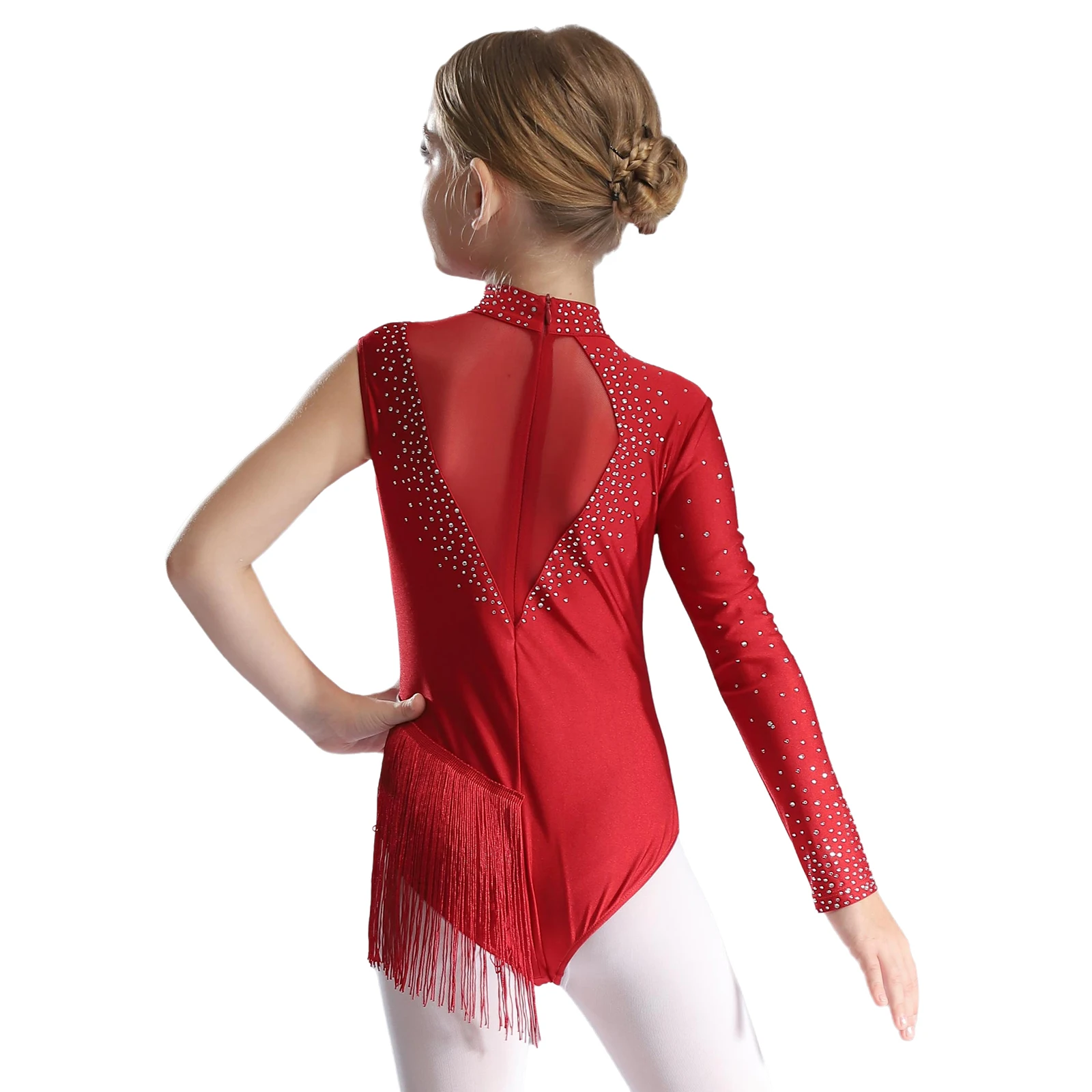 Children Girl One Shoulder Rhinestone Tassel Figure Skating Leotard Latin Dance Cha-cha Gymnastics Acrobatics Bodysuit Dancewear