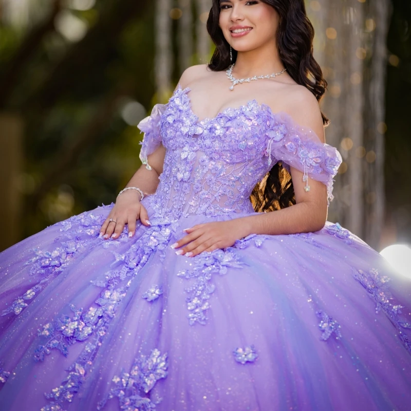 

Lavender Shiny Ball Gown Quinceanera Dresses Applique Lace Beading Crystal Tull Corset Off Shoulder Sweet 16 Dress vestidos 15