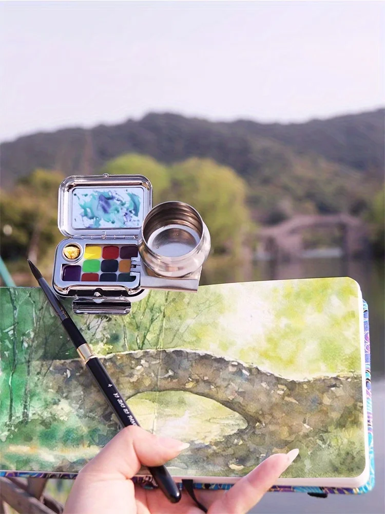 Reise-Aquarellfarben-Set Mini Tragbare Farbbox Aquarellfarben-Spender-Set Waschtopf Zeichenbuch Wasserstift – Detail 6