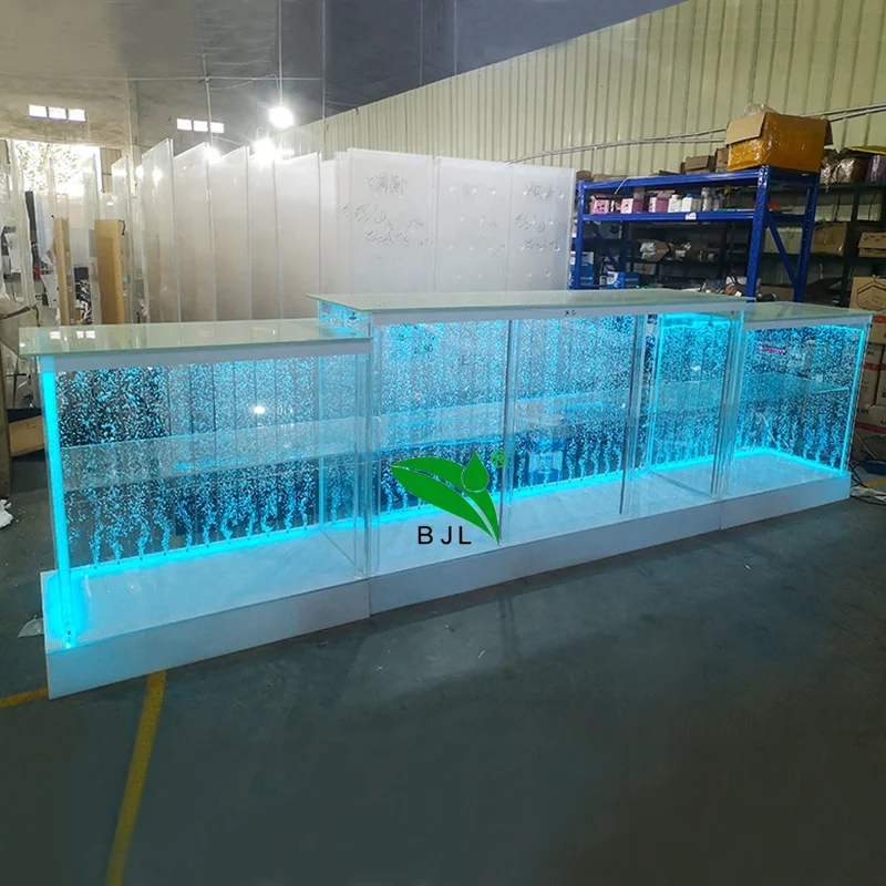 Muebles personalizados para eventos, iluminación LED moderna, pared de burbujas de agua, barra curva, mostrador de recepción